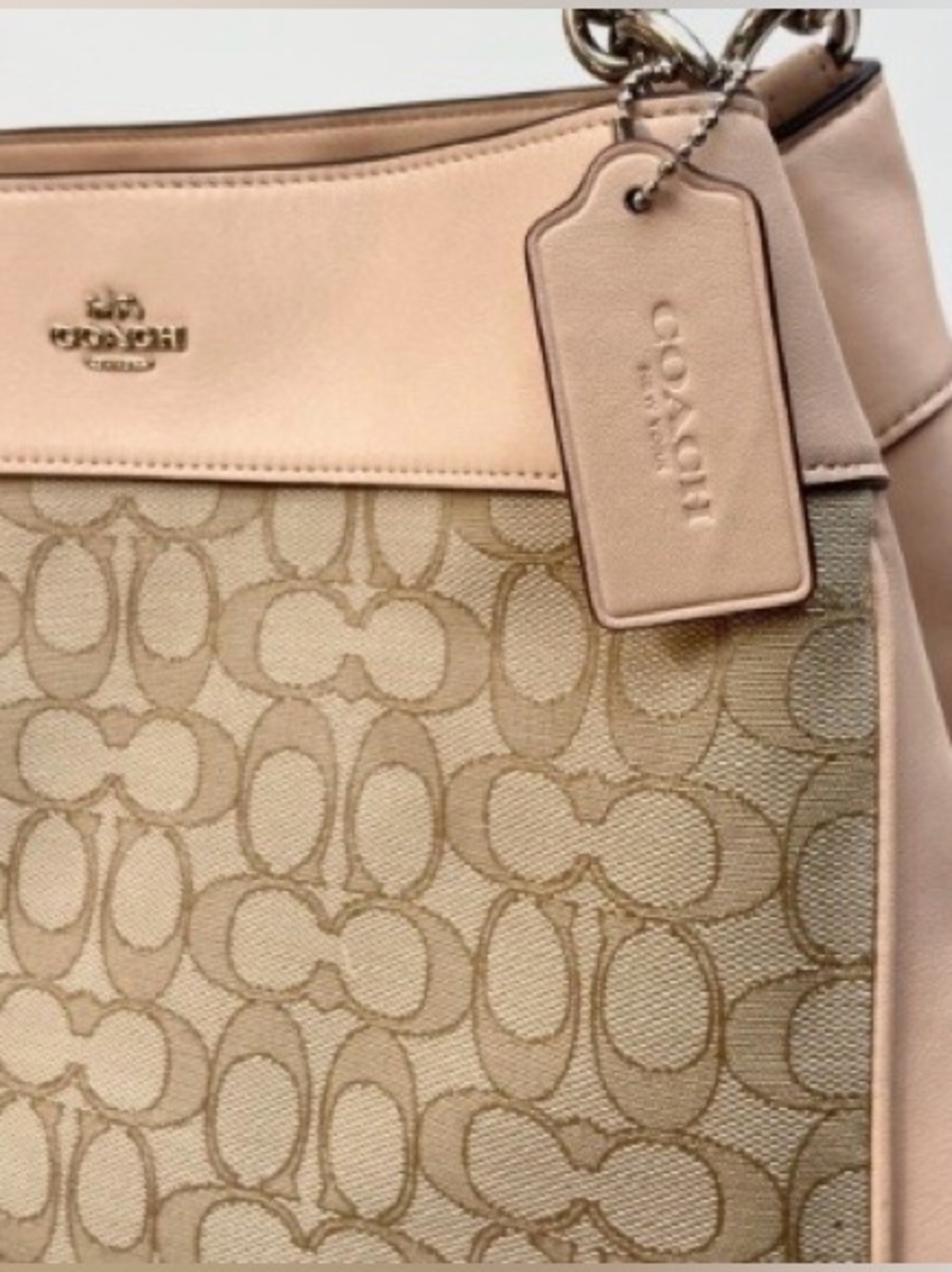 Coach Beige and Cream Signature Shoulder Bag Gold tone hardware Leather trim